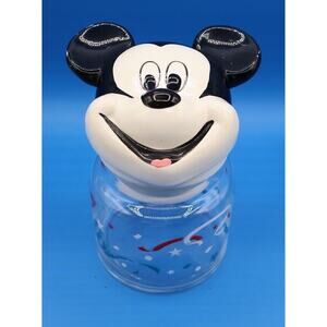 Vintage Walt Disney Company Mickey Mouse Ceramic Top Glass Jar Red White & Blue